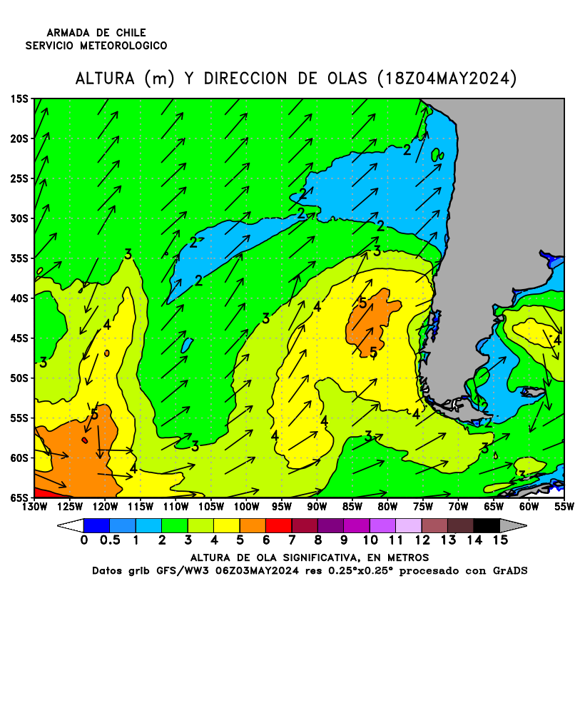 Map of the Western Coast of South America (Chile) with Waves forecast