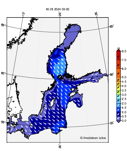 Baltic Sea: map with wave forecast at H+24, local time