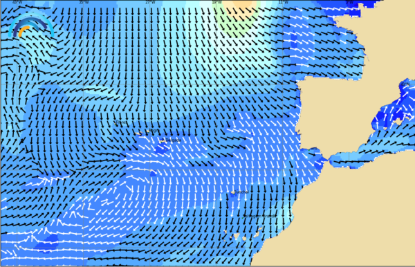Map of the West Atlantic sea around Portugal with waves forecast